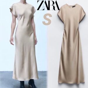 Zara Women's Beige or tan satin Maxi Dress
